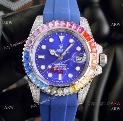 Top Replica Rolex Submariner Citizen Watch Rainbow Bezel Blue Rubber Strap
